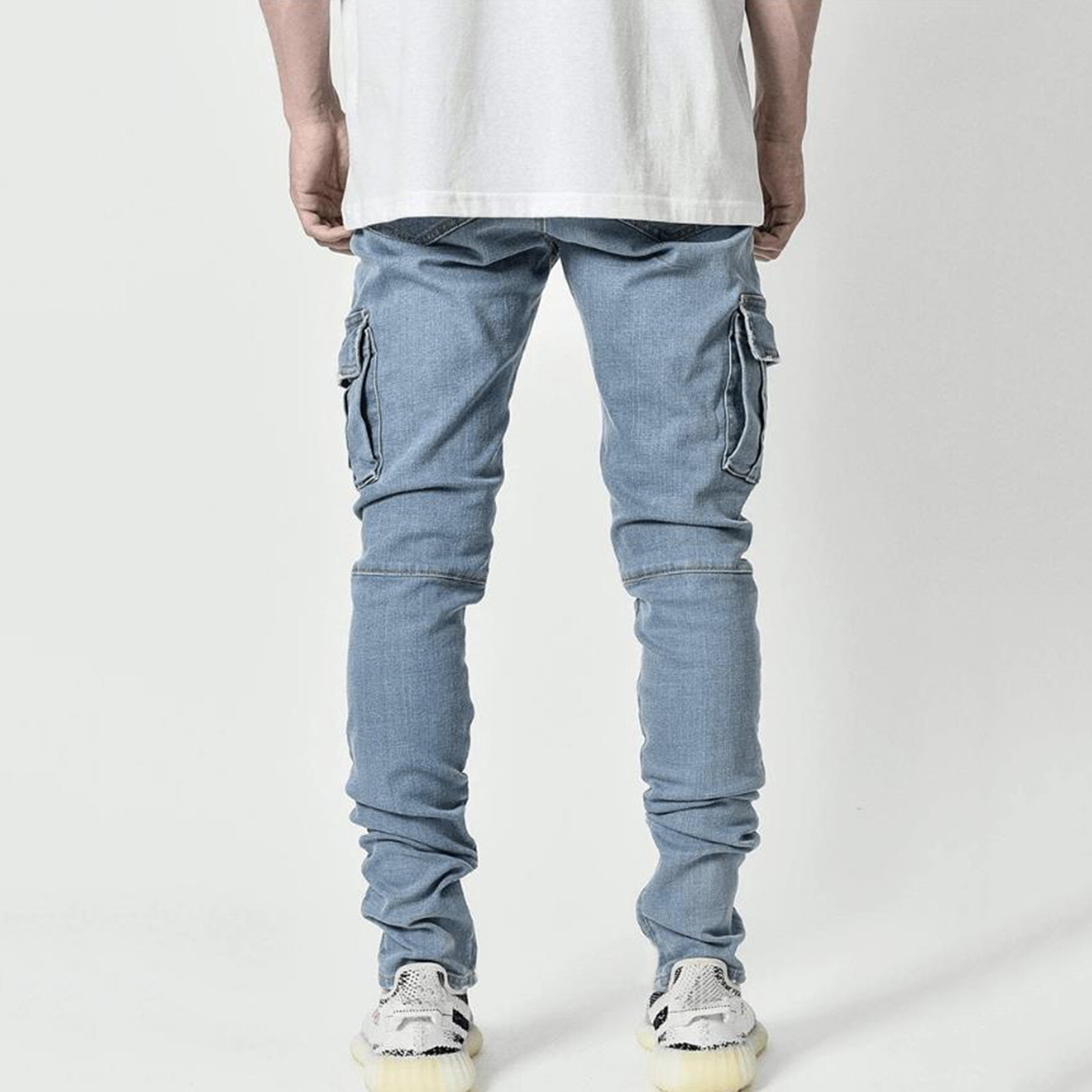 Large SIze Mens Soild Straight Hole Buckle Zipper Middle Waist Denim Long Pants