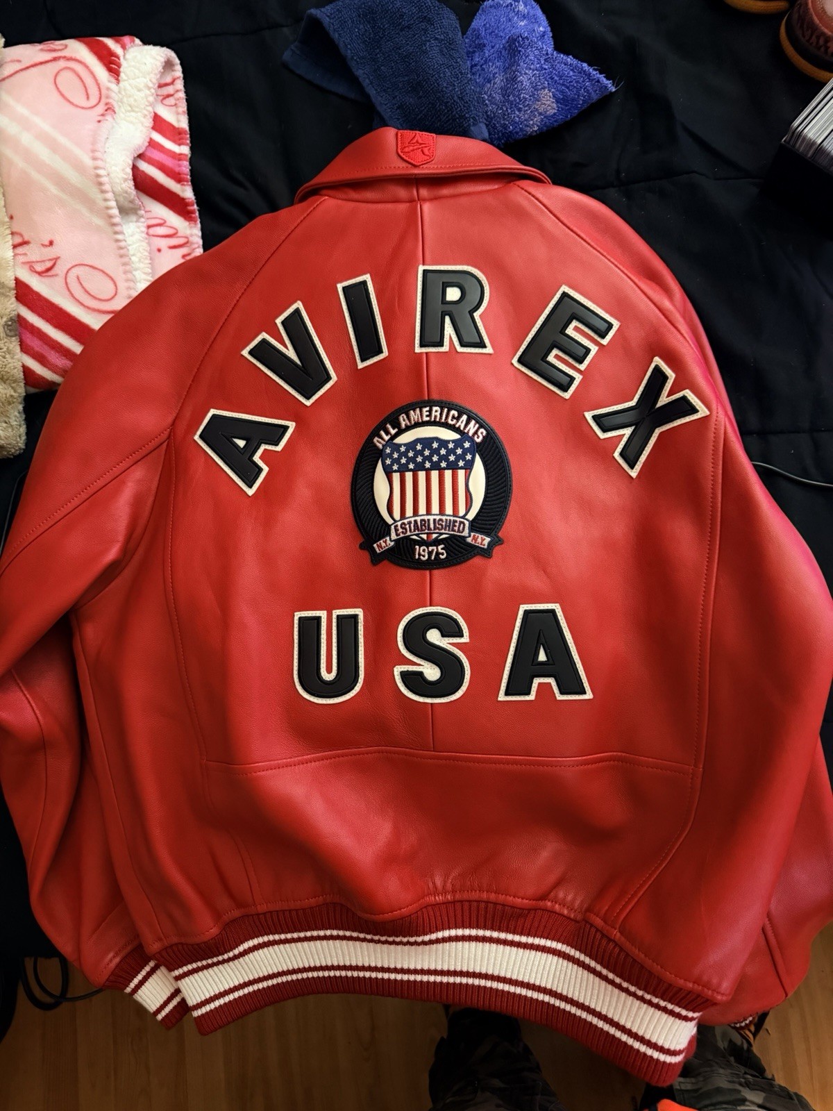 Avirex Men’s Red Leather Bomber Jacket Full Zip USA Embroidered Logo Size L