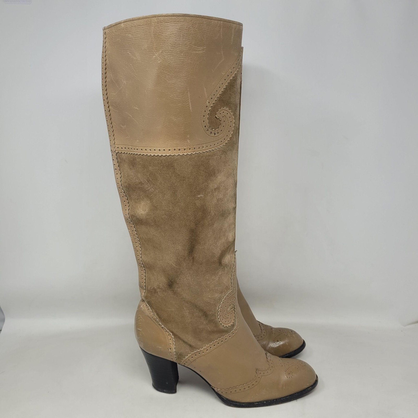 Vintage Yves Saint Laurent Boots 7 Tan Leather Suede Russian Collection 1976 70s