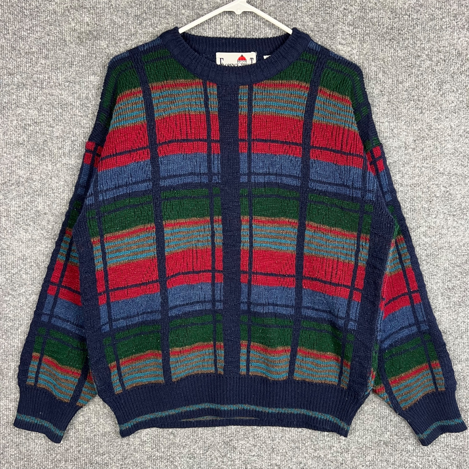 VINTAGE Florence Tricot Plaid Sweater geometric Wool Men Sz M Italy Multicolor