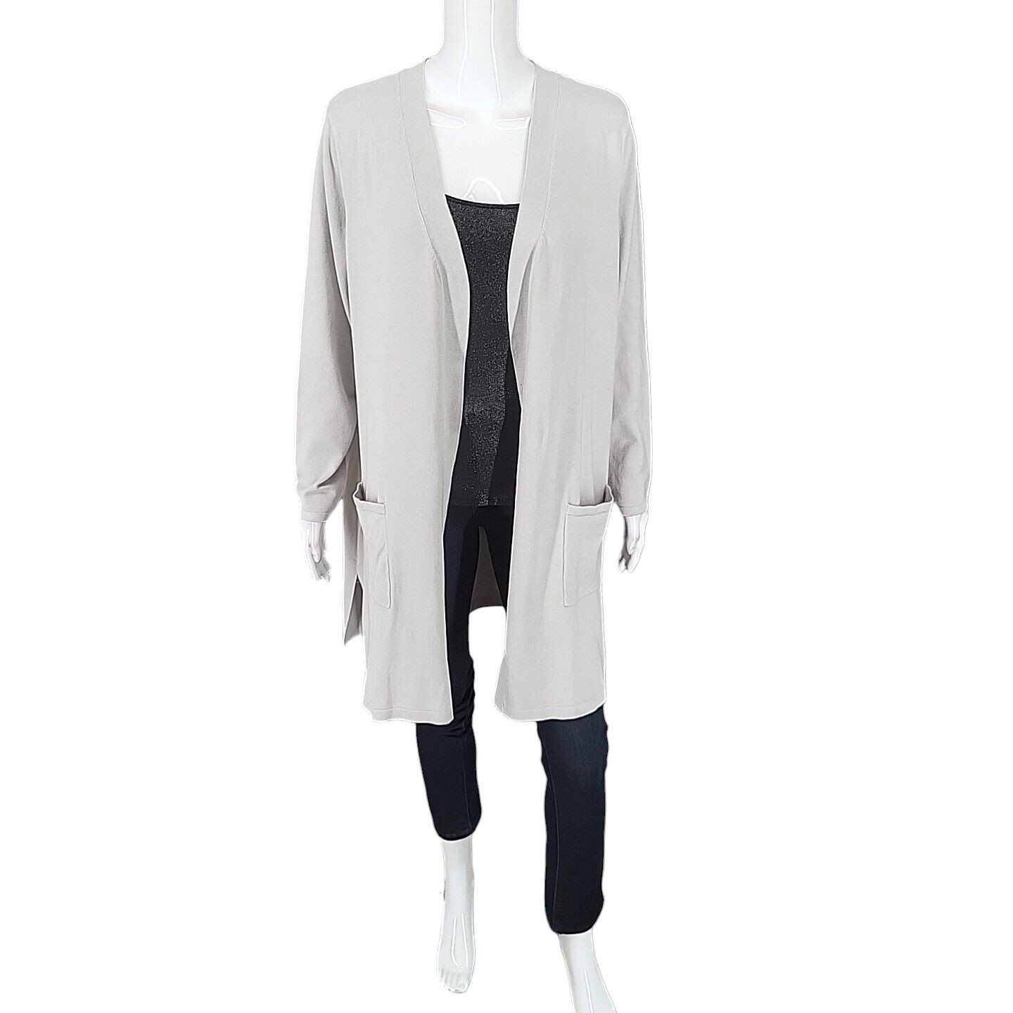 Belle by Kim Gravel Feather Knit Open Cardigan Petite Large Sz Gray Top Pockets