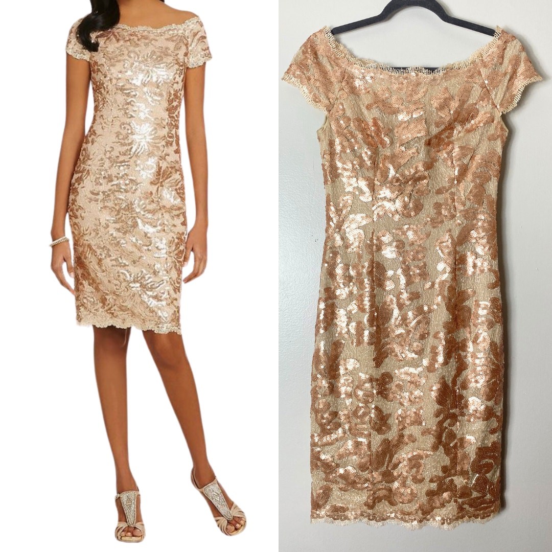JS COLLECTIONS DRESS 2 GOLD TAN WEDDING GUEST SEQUIN FLORAL EMBROIDERED COCKTAIL