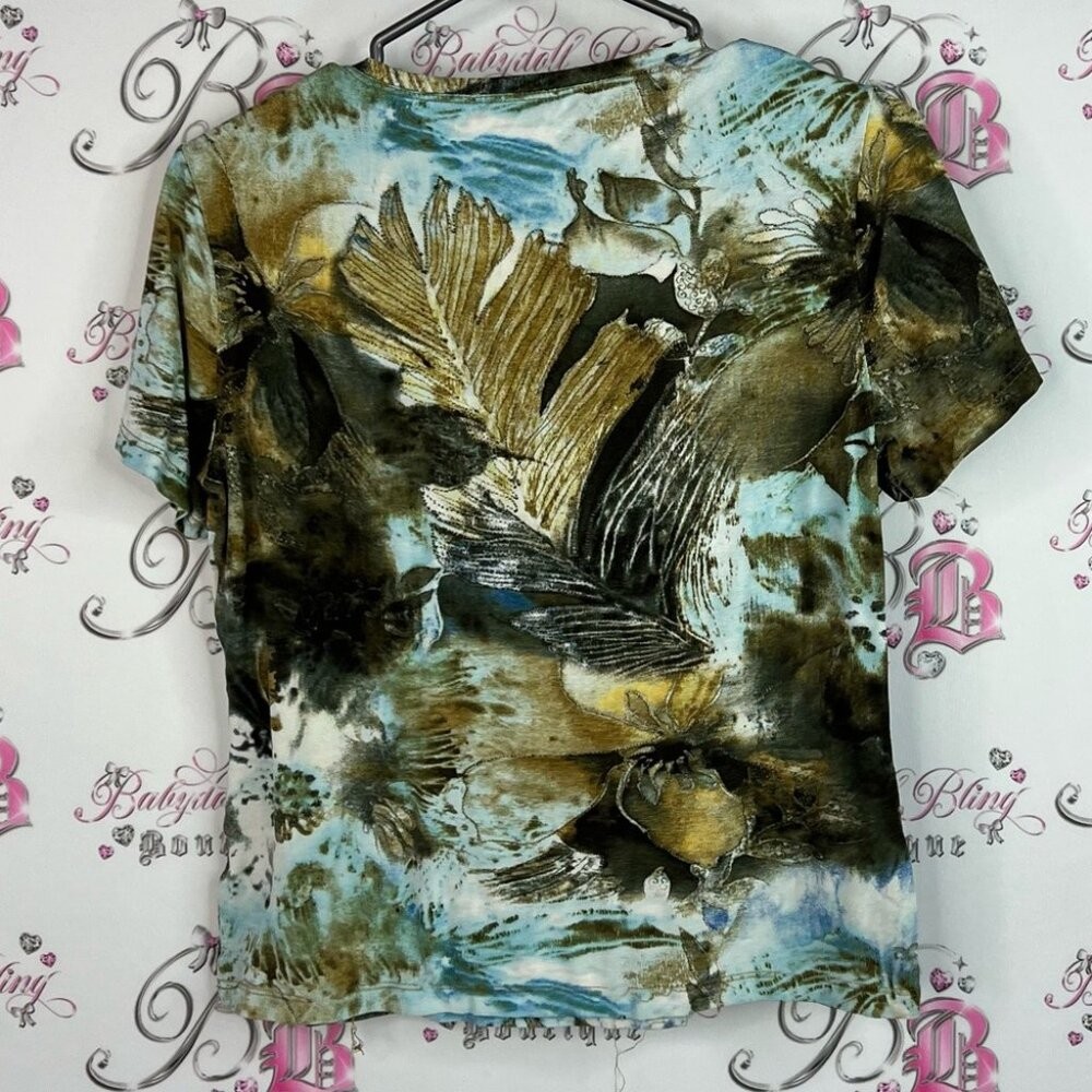 Conrad C tshirt leaf tropical Print Short Sleeve Women’s Top – Blue and Green