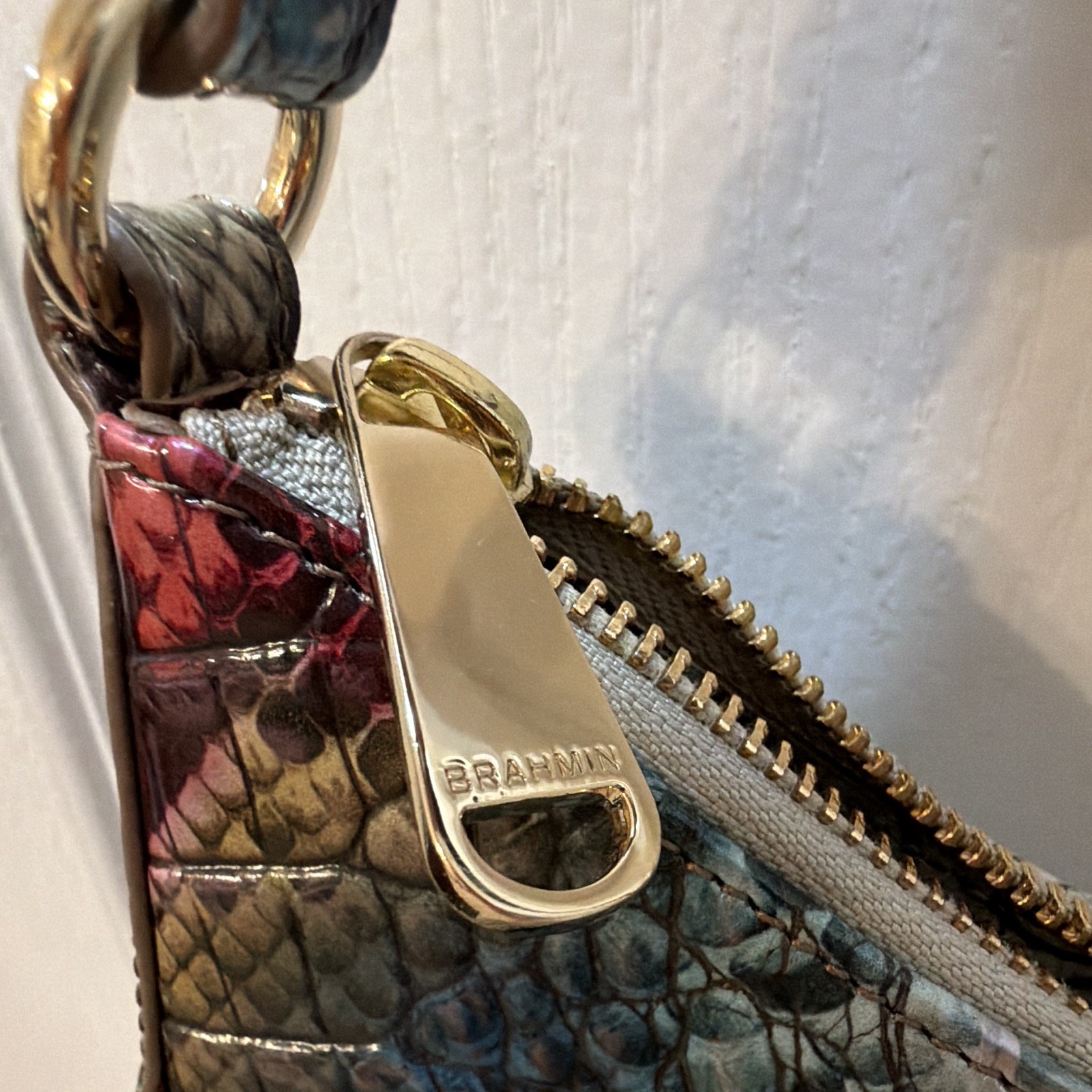 Brahmin Embossed Animal Print Multicolor Shoulder Bag Zip Top Gold Hardware