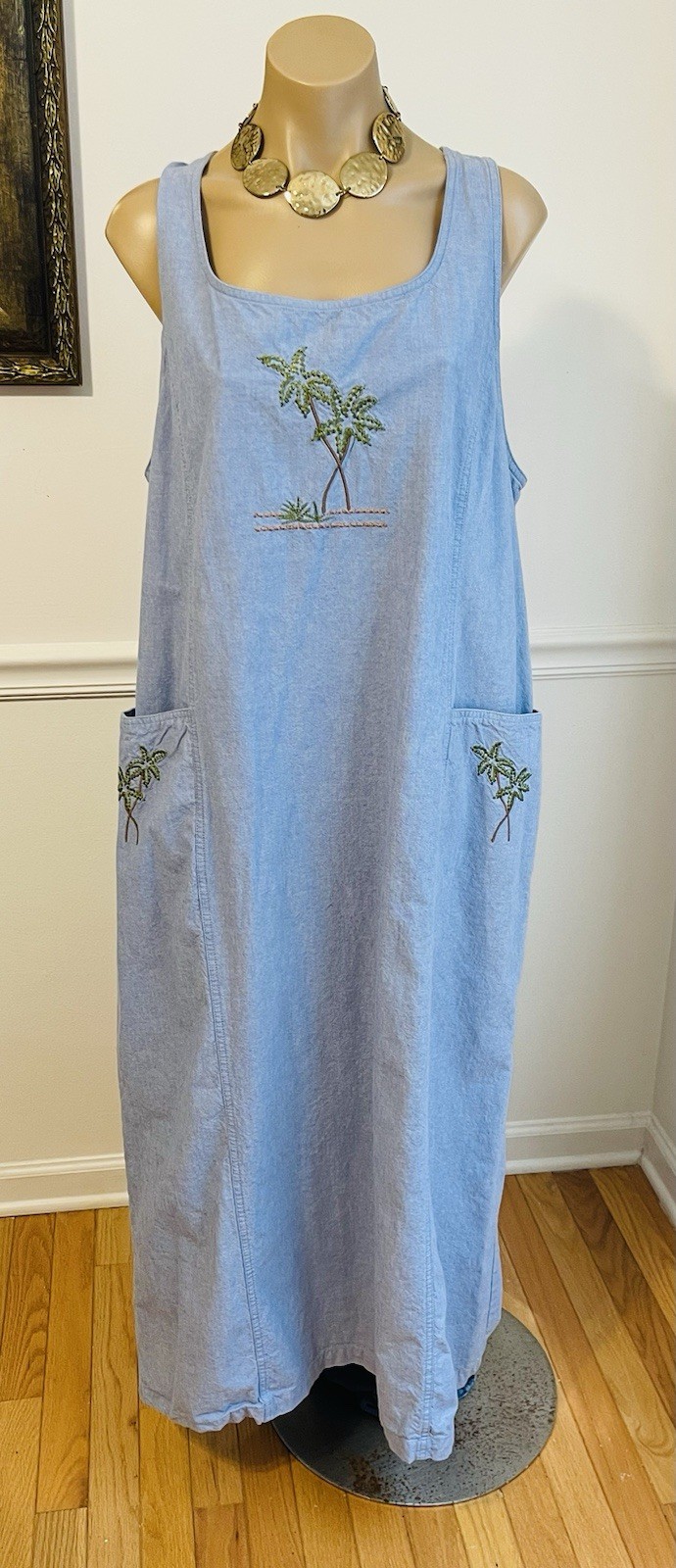 VTG Blue J. Blue Denim Embroidered Palm Tree Sleeveless Maxi Dress Sz XL