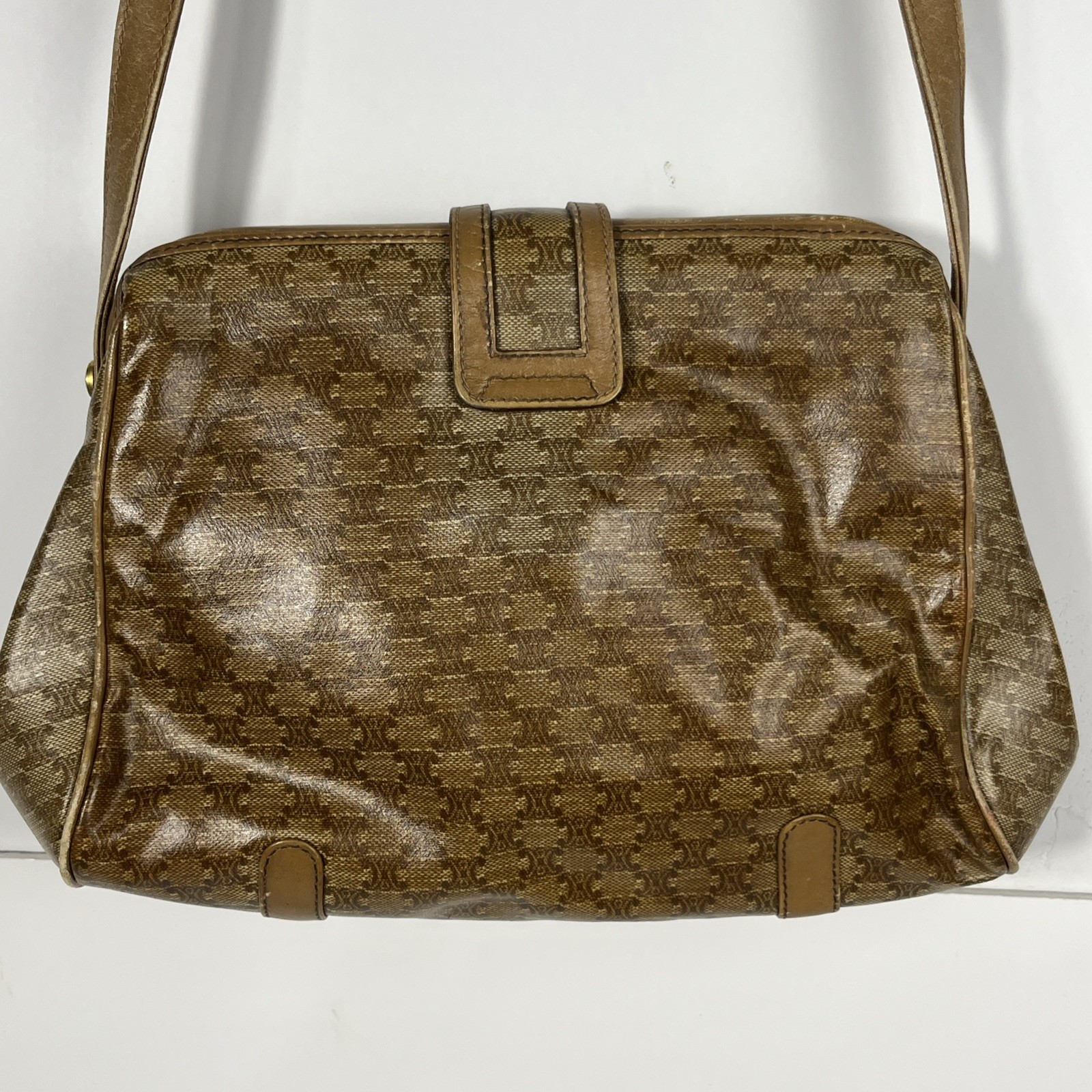 VTG CELINE Paris Macadam Monogram Leather Crossbody Bag Brown Trim