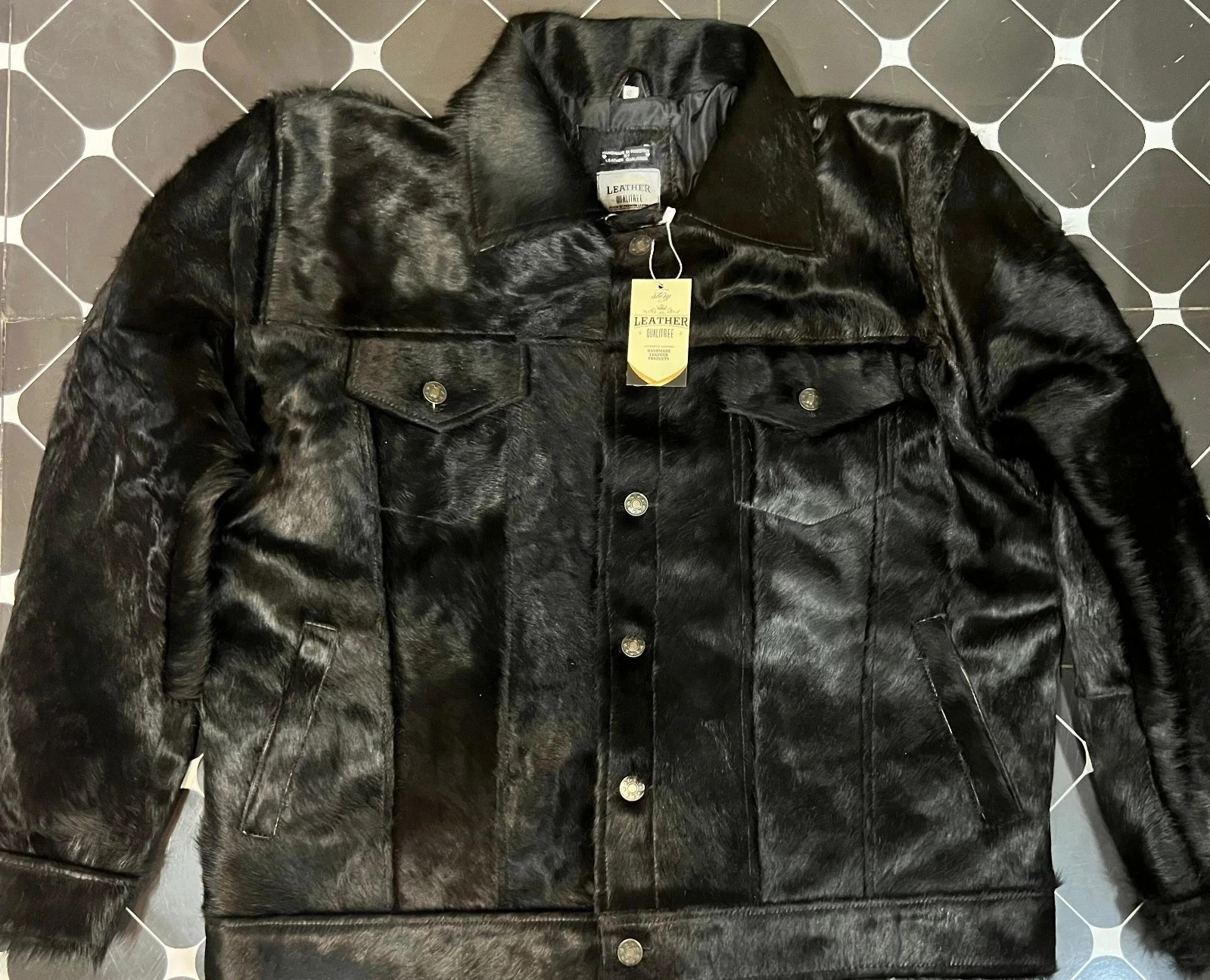 Men’s 100% Pure Cowhide Hair-On Leather Jacket – Jet Black Pony Skin Biker Coat