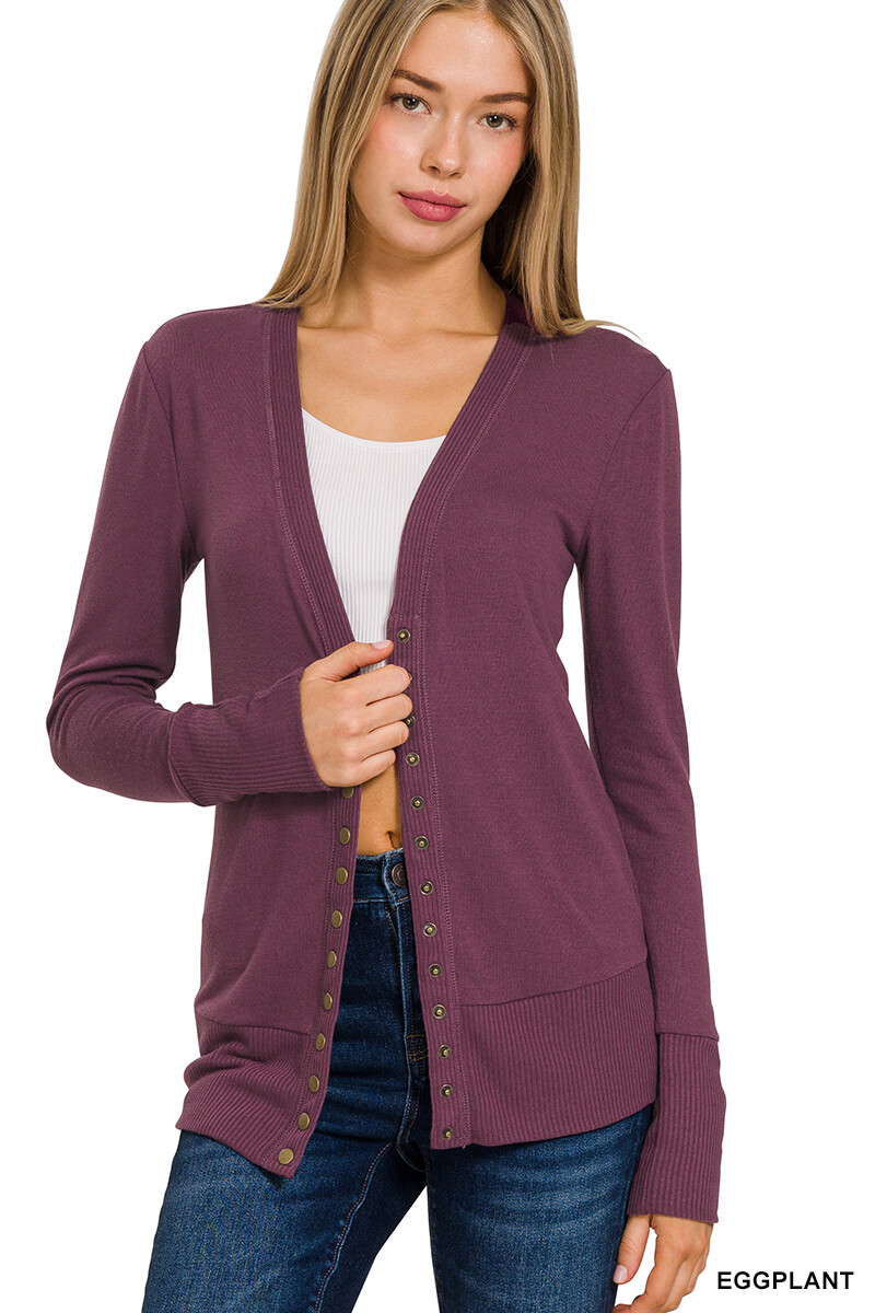 Snap Button Front V Neck Long Sleeve Sweater Cardigan Ribbed Details HW-2039