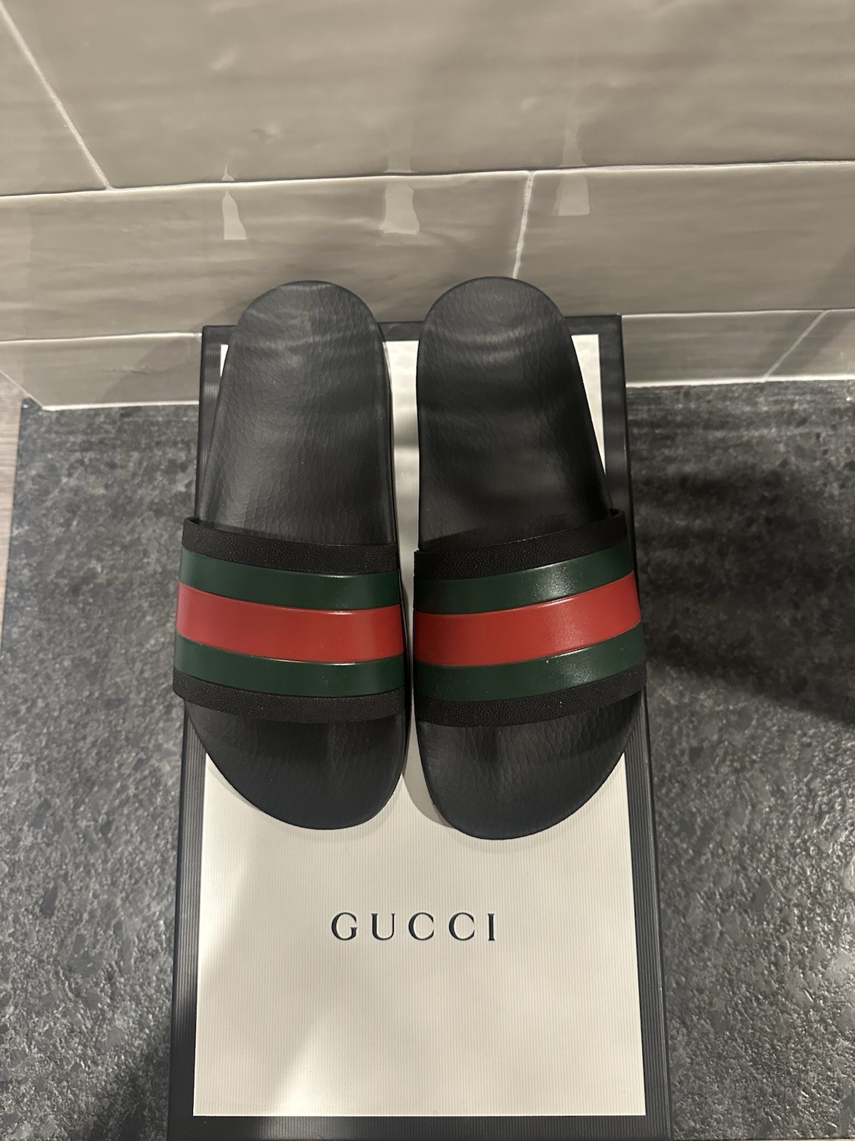 Gucci Men’s Web Stripe Rubber Slides US 5.5