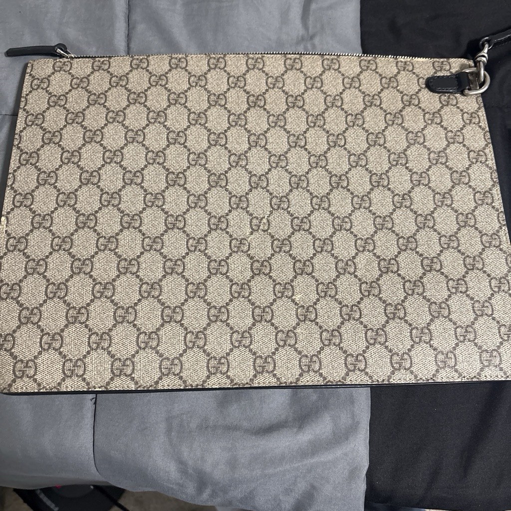 Gucci GG Supreme Web Stripe Zip Clutch Wristlet Pouch Beige Green Red