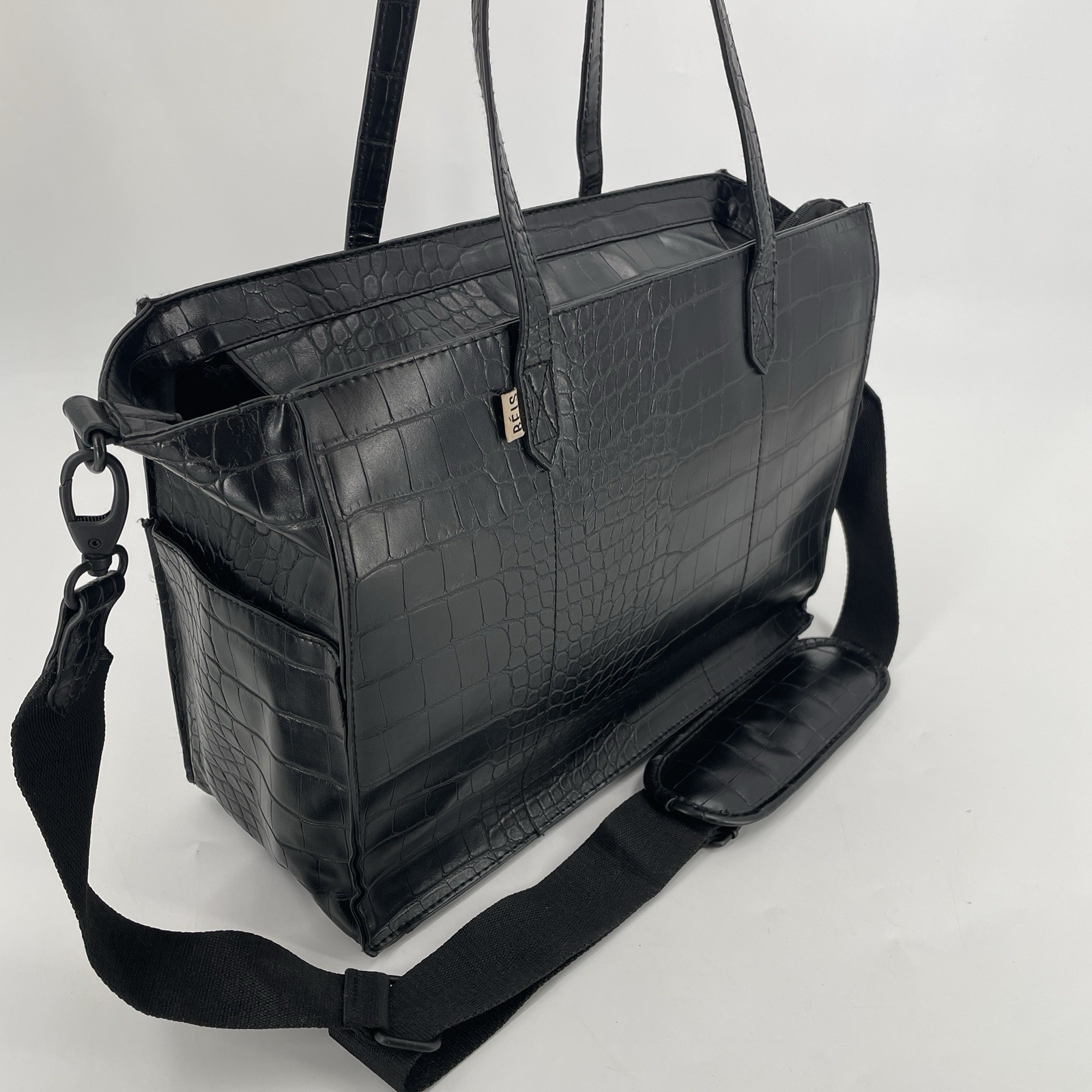 BEIS The Work Tote Bag in Black Croc Leather – Crossbody Shoulder Strap