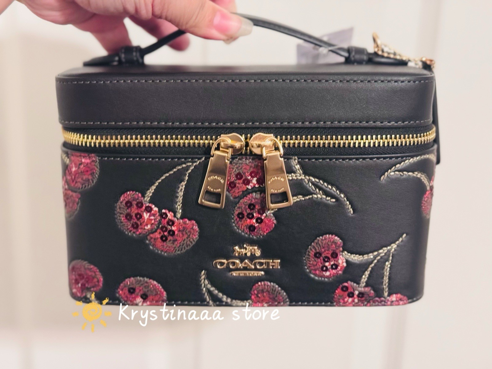 NWT Coach Cosmetic Makeup Case With Cherry Print Black Multi CDC13