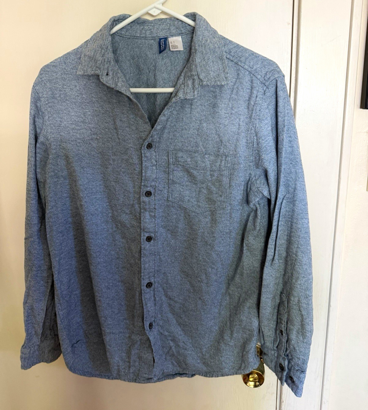 Men’s S Blue Solid Woven Long Sleeve Button-Up Point Collar Shirt Pockets
