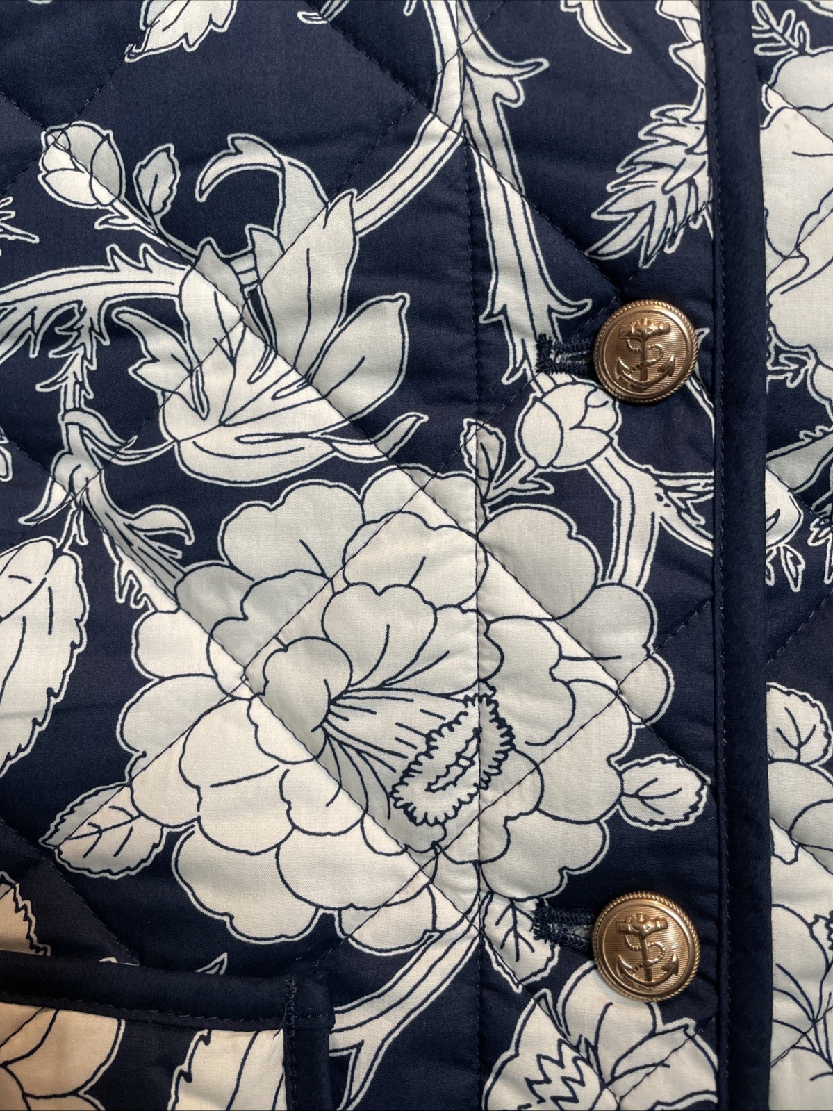 Navy Floral Grandmacore Quilted Midweight Cotton Cottagecore L Button Up Jacket