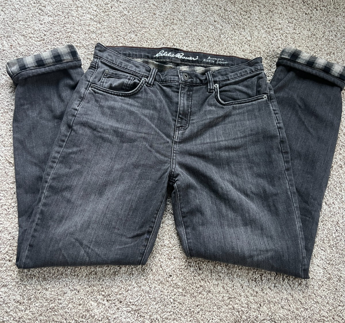 Flannel-lined, boyfriend, midrise, straight Eddie Bauer jeans, Size 8