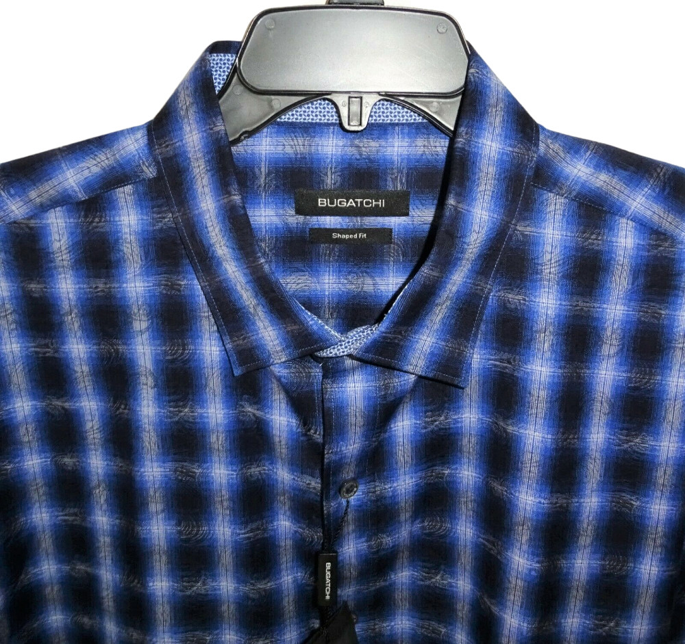 Bugatchi Long Sleeve Shirt XXL Shaped Fit Navy Blue Wavy Geo Check Pattern NWT