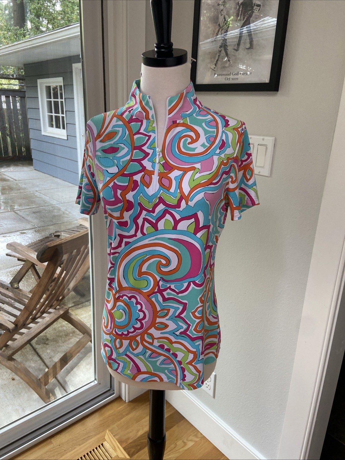 IBKUL Ariana Mock Neck Top Short Sleeve S M L XL Multi Women’s Golf Shirt UPF 50