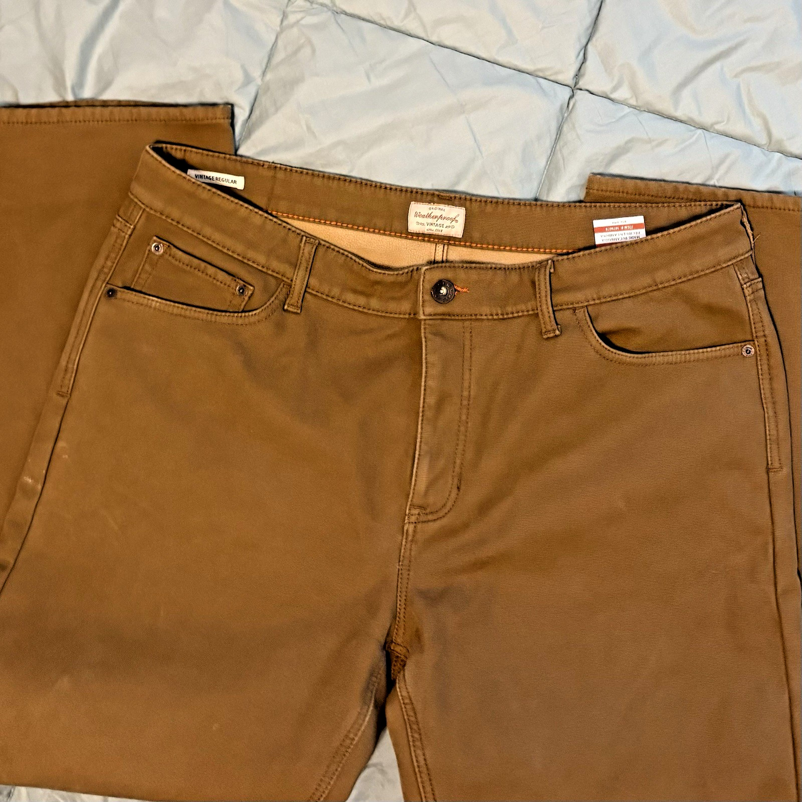 Vtg 40×30 Fleece Men Weatherproof Lined Stretch Canvas Brown Pants Item 1078078