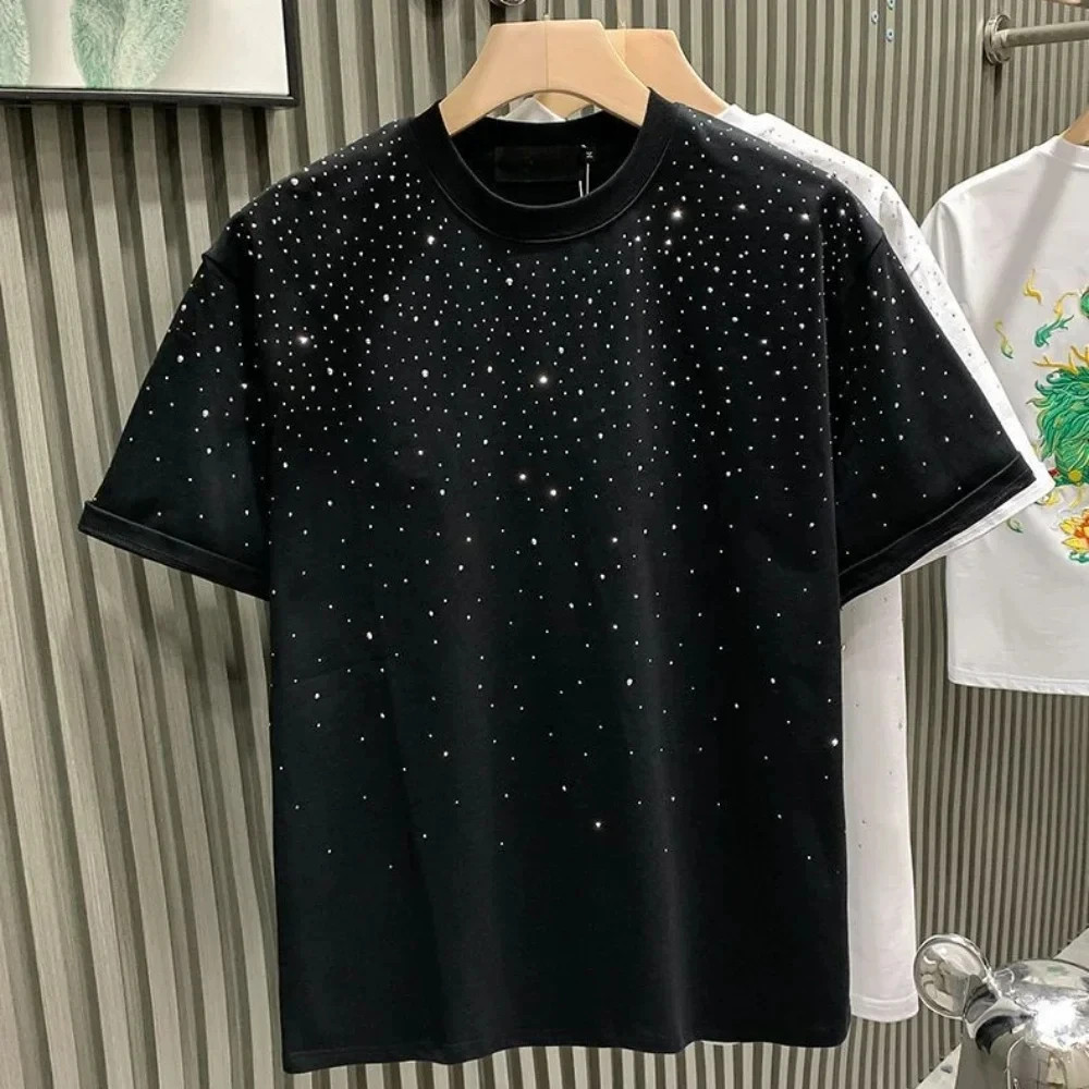 Summer Men Clothing Summer Rhinestone Rivet T-shirt Round Neck Casual T-shirt