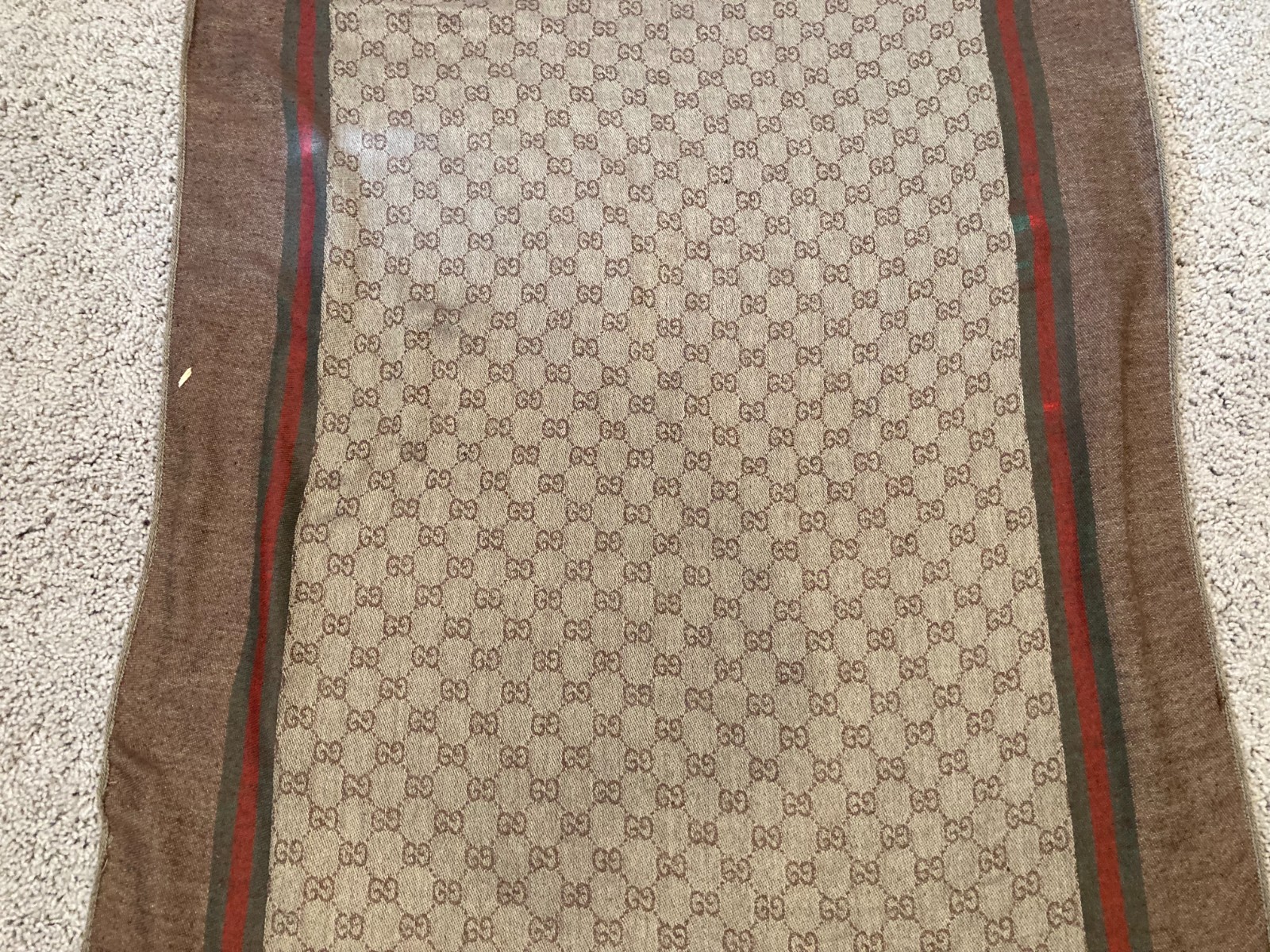 Authentic Gucci Monogram Scarf Wool Silk Blend Brown Beige Web Stripe 70″