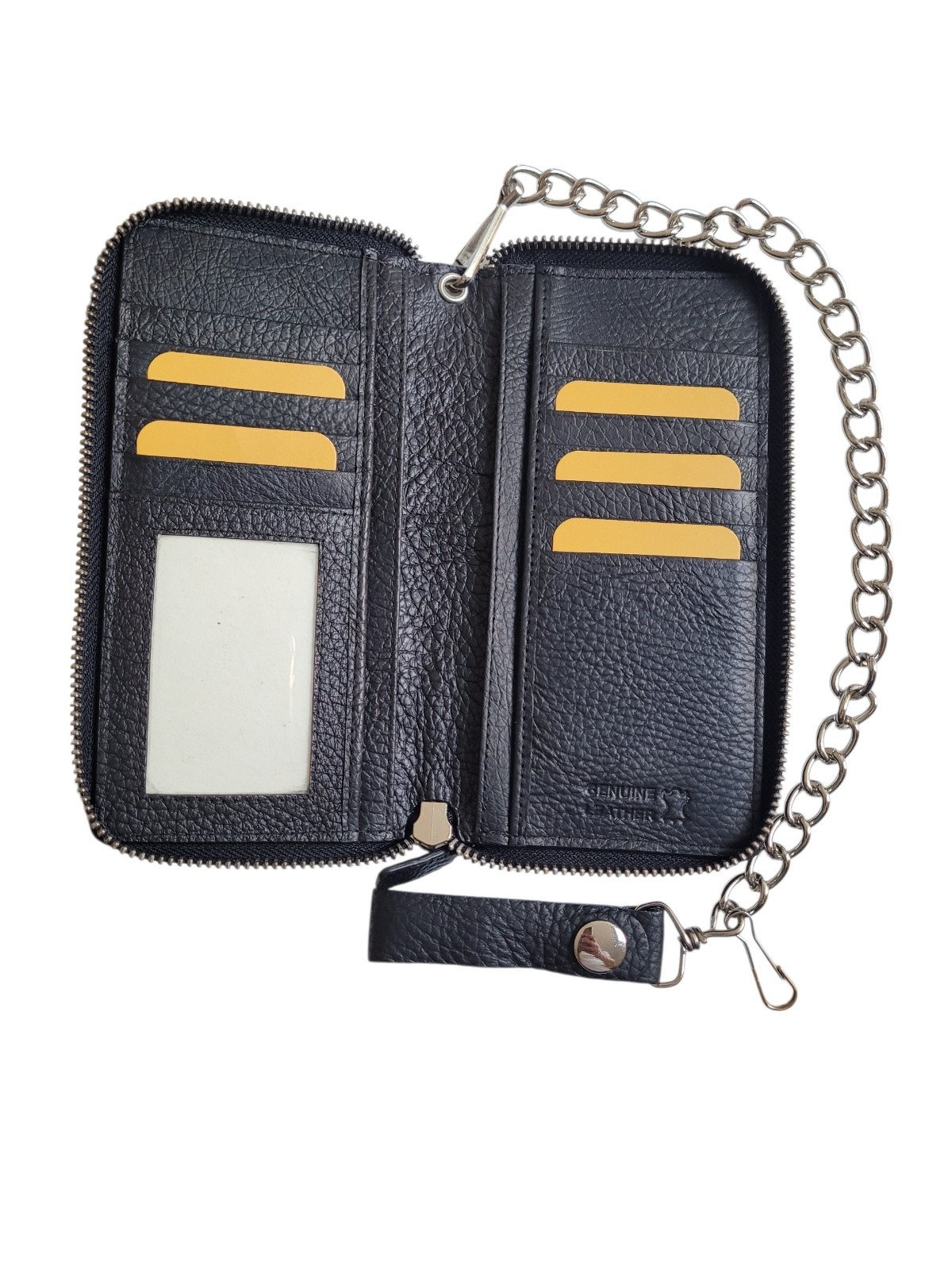US Flag Eagle Genuine Leather Biker All Over Zipper Bi-Fold Wallet With Chain
