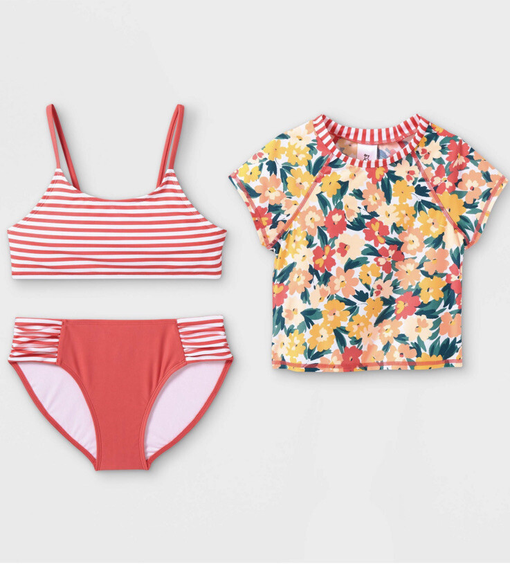 Art Class Floral Striped 3pc Short Sleeve Rashguard Bikini Size XS 4-5