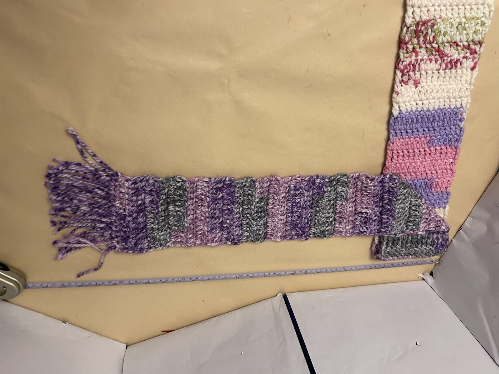 Handmade knit multicolor scarf pink/gray/white/purple