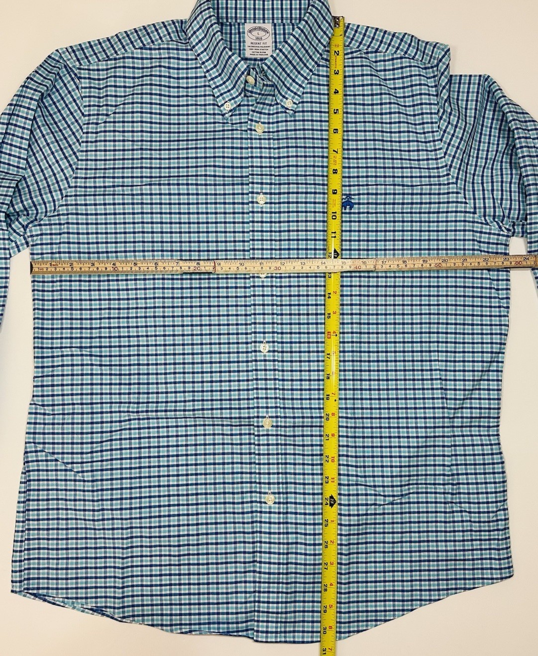 BROOKS BROTHERS Regent Fit Blue Aqua Plaid Non-Iron Stretch Shirt L Cotton