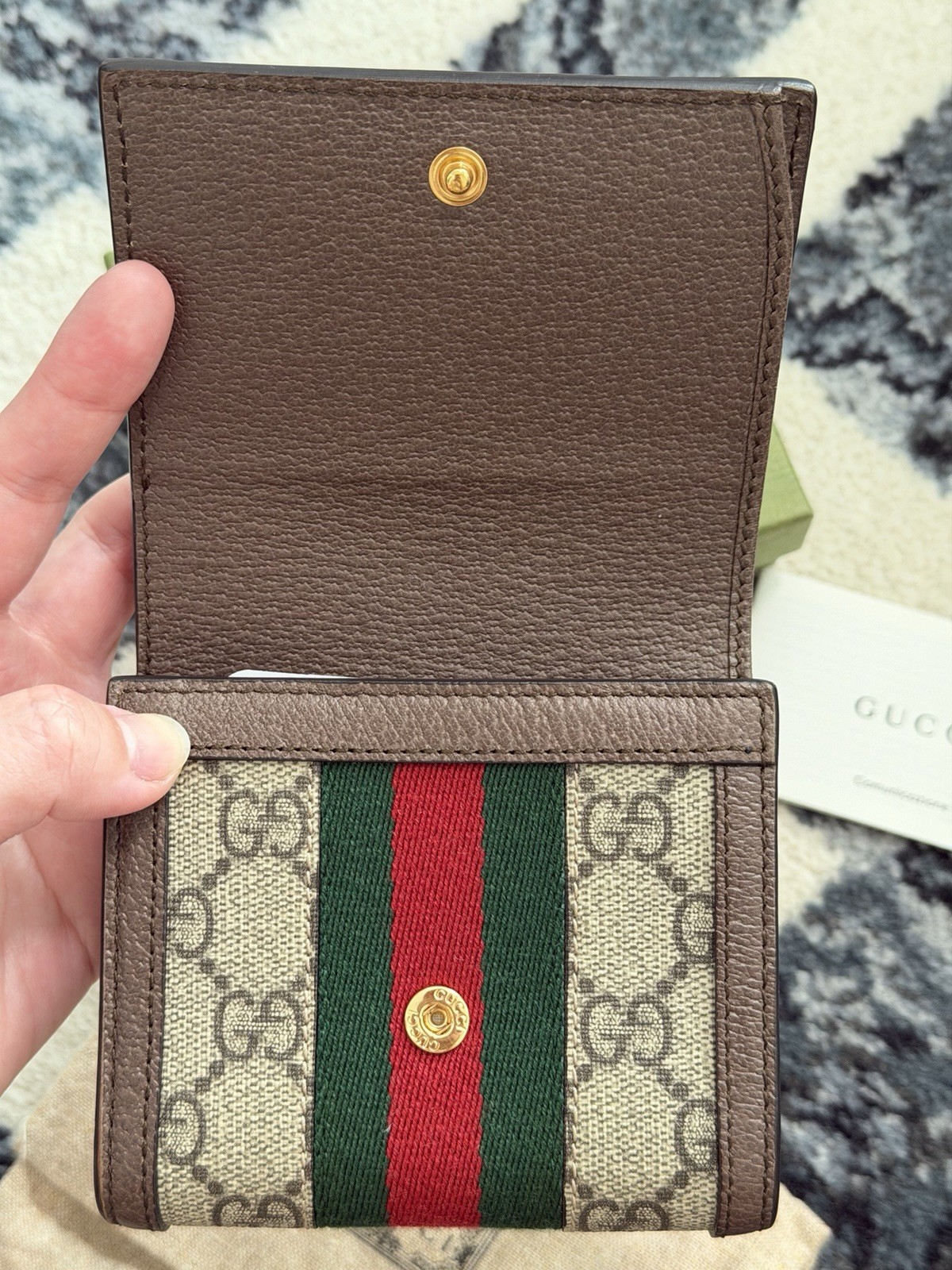Auth Gucci GG Supreme Ophidia Web Trifold Card Case Wallet