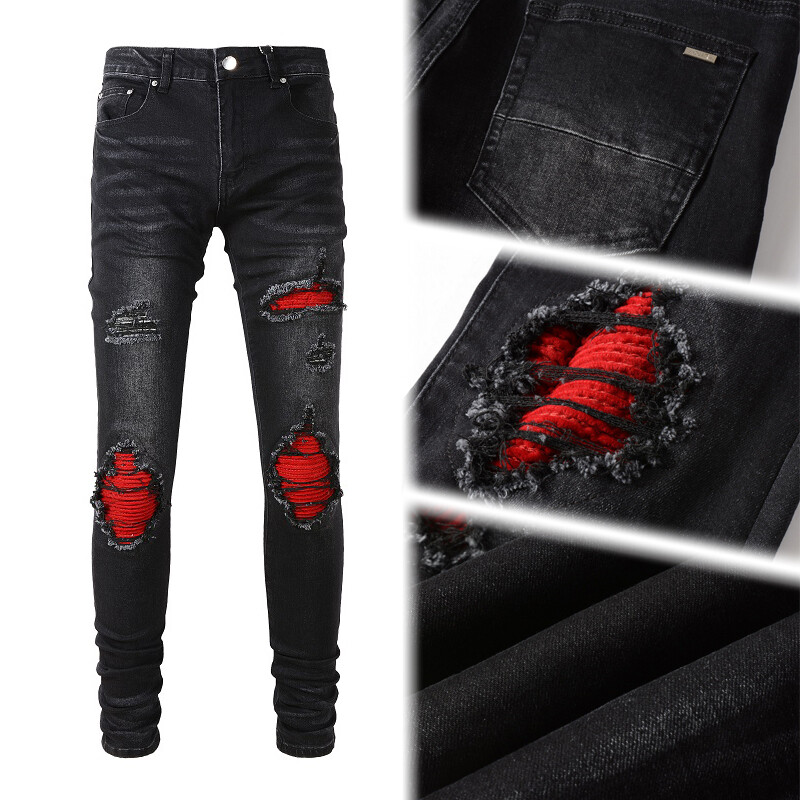 Stylish Men’s Black Skinny Jeans, Stretch Ripped Denim with Red Contrast Patches
