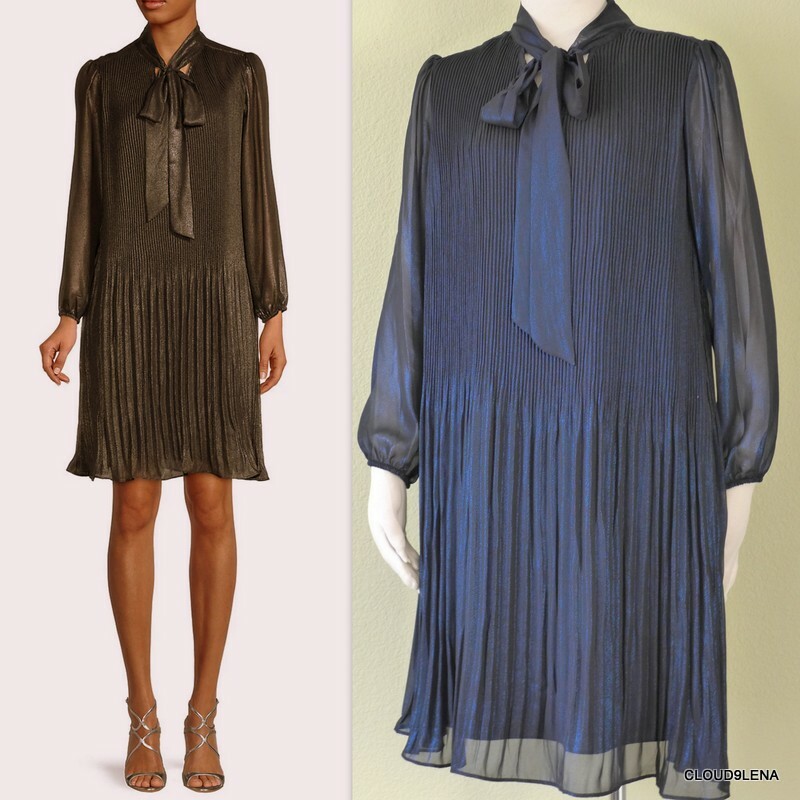 NWT NANETTE LEPORE Metallic Shimmer Bow Tie Pleated Shift Dress 6/8/12 Blk/Gold