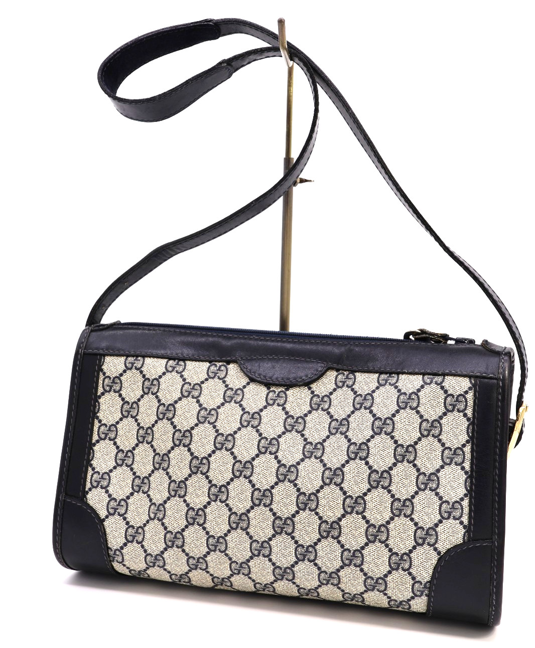 GUCCI VINTAGE GG Supreme Shoulder Bag Medium Classic Navy Authentic