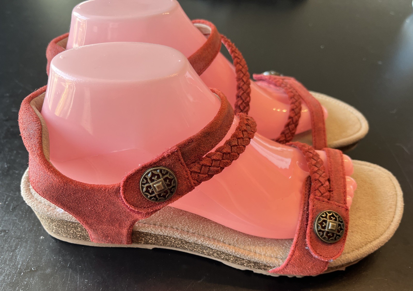 Womens Aetrex Jillian Red Leather Braided Comfort Open Toe Sandals SC449W Sz 9.5