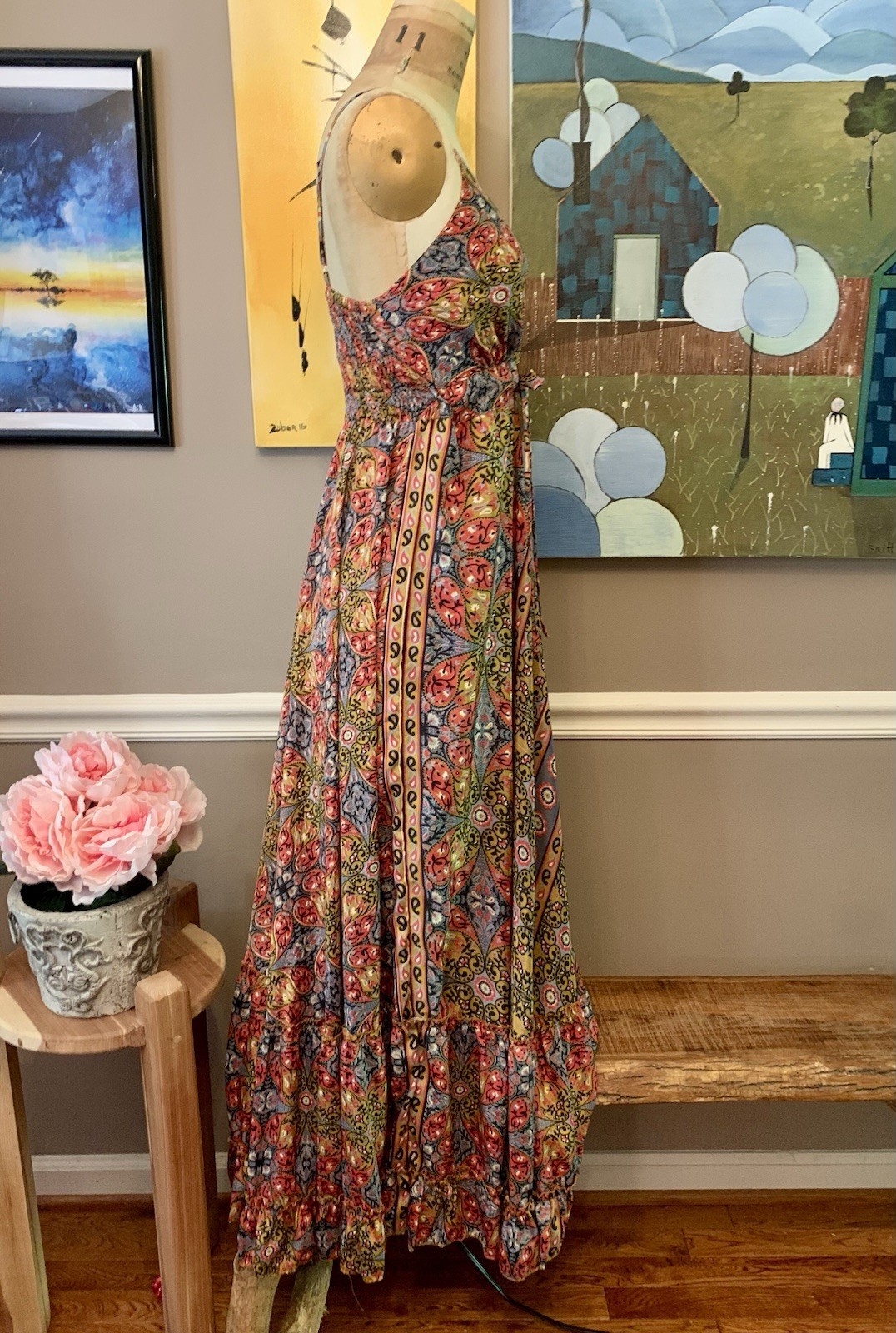 Boho Patchwork Maxi Dress Earth Tone Ruffle Festival Medium Soft Fabric