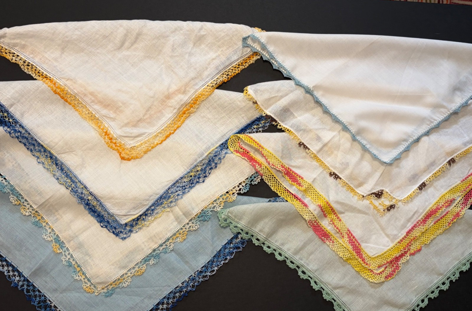 Lot 8 Crochet, Tatting, Bobbin Lace Edged Handkerchiefs Hankies Vintage