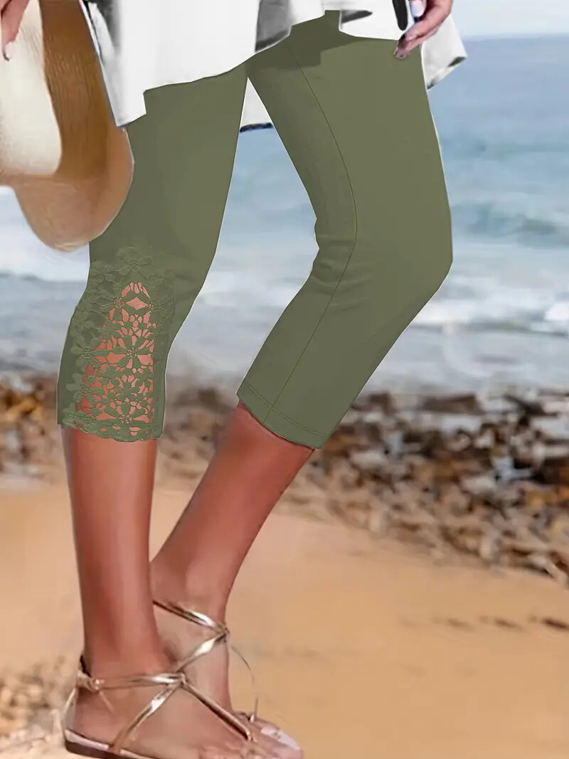 Contrast Lace Skinny Casual Elastic Waist Stretchy Lace infused Capri Leggings