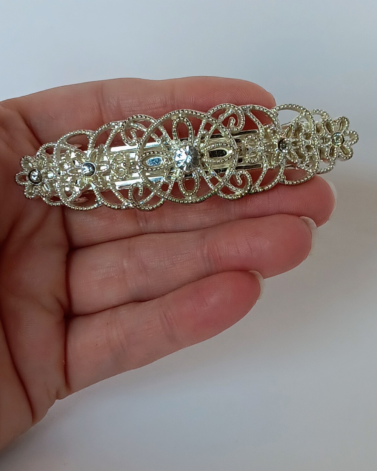 Faship Silvertone Filagree Crystal Hair Barrette 3.5 in