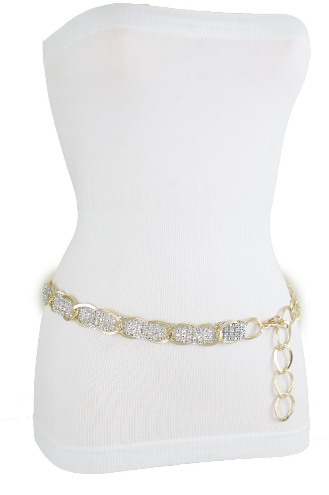 Women Gold Color Metal Chain Fashion Belt Silver Mesh Fabric Bling Beads XS S M