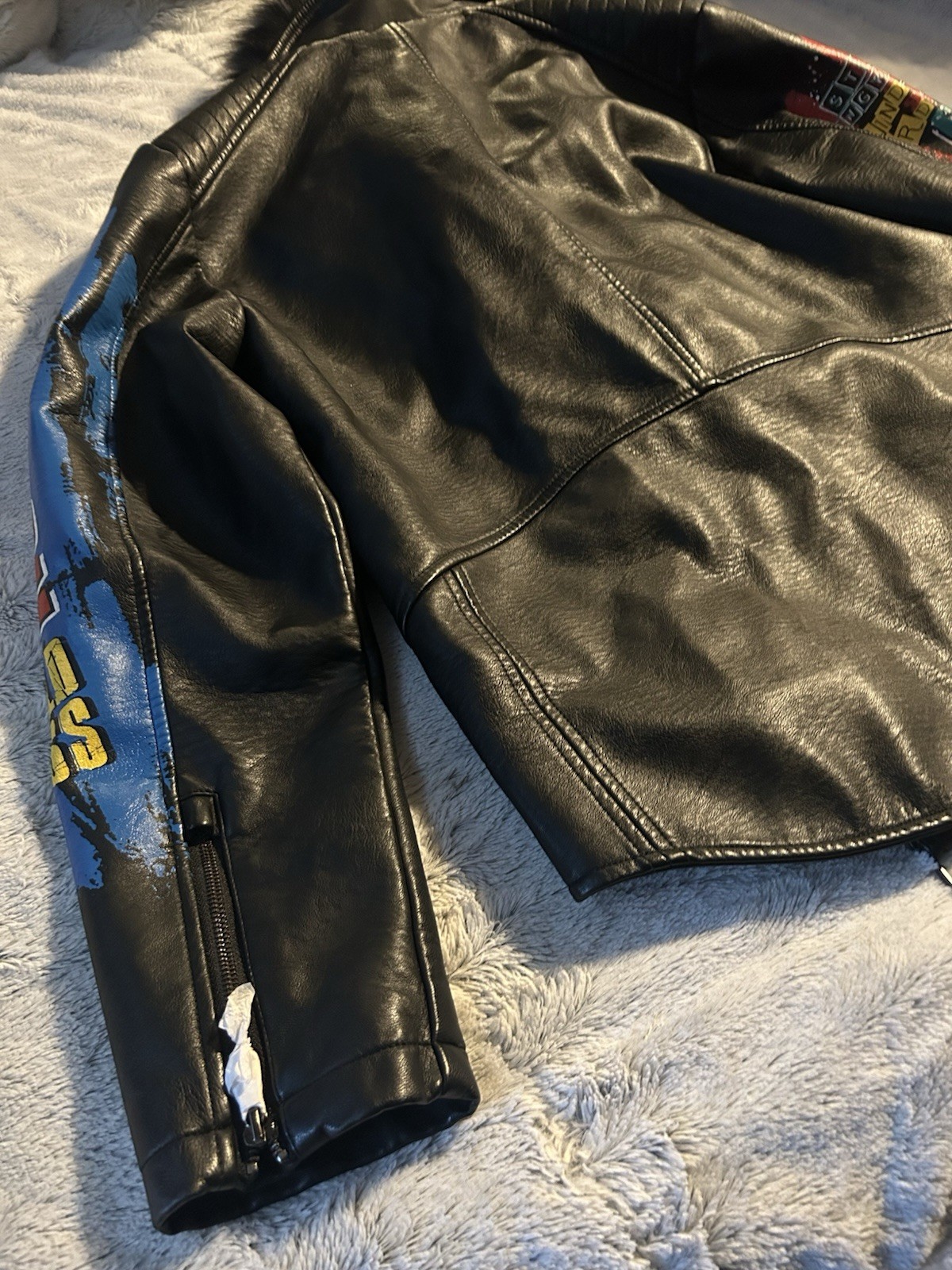 Copper Rivet Moto PU Leather Jacket Black Mens XLarge Removable Fur Graphic