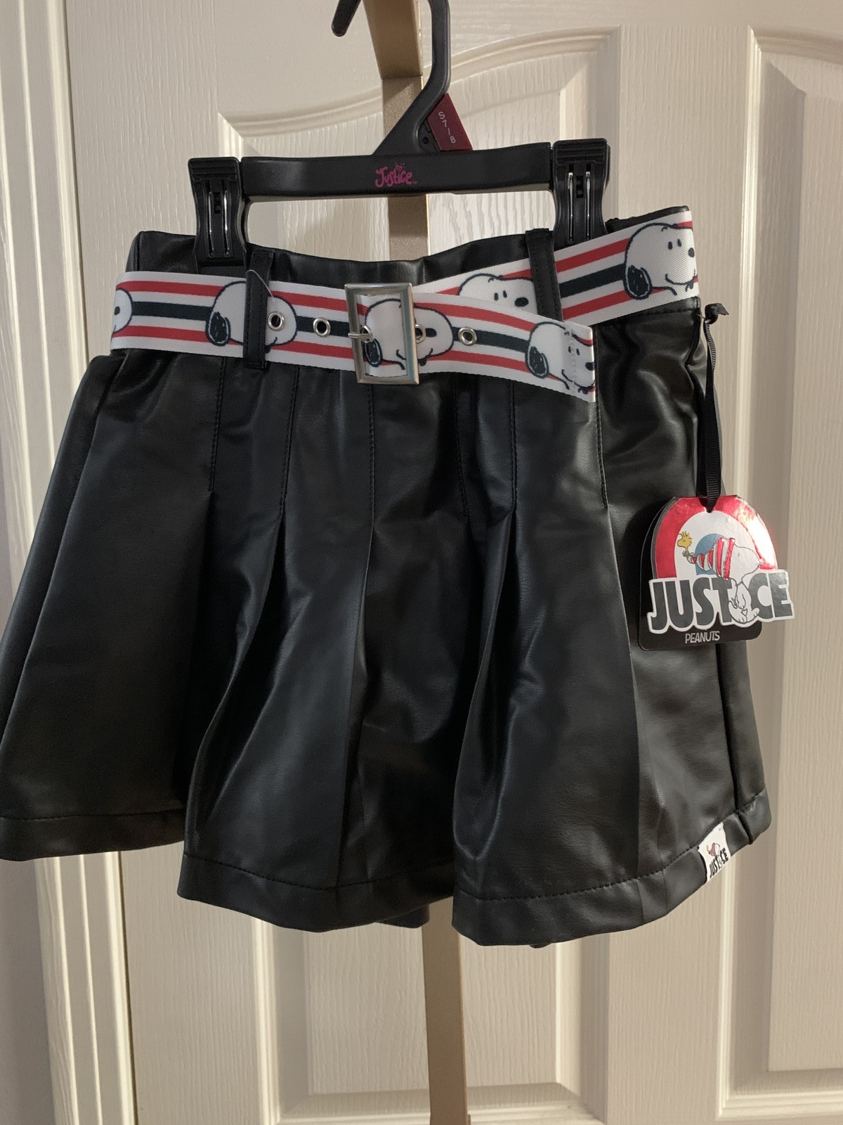Justice Girls S (7/8) Snoopy Black Pleated Faux Leather Skirt w/ Belt NWT
