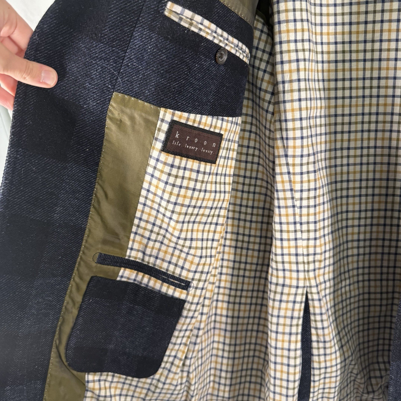 Kroon Blazer Jacket Men’s XL 50 Blue Plid Inner Zip Pockets Wool Blend Button Fr