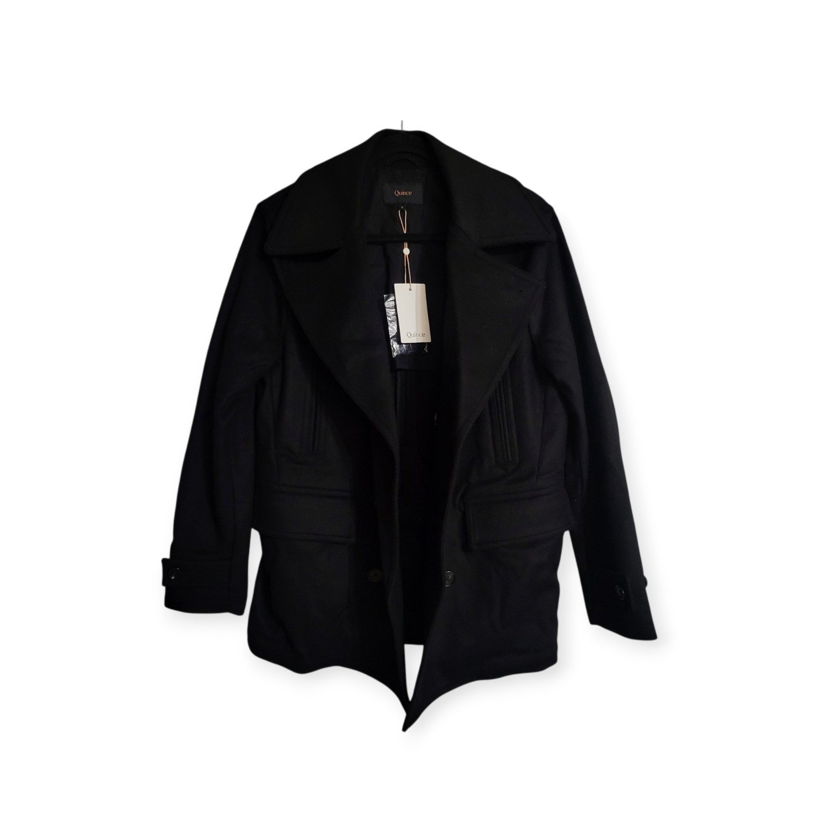 Quince Mens S NWT Italian Wool Blend Peacoat Double Breasted Minimal Solid Black