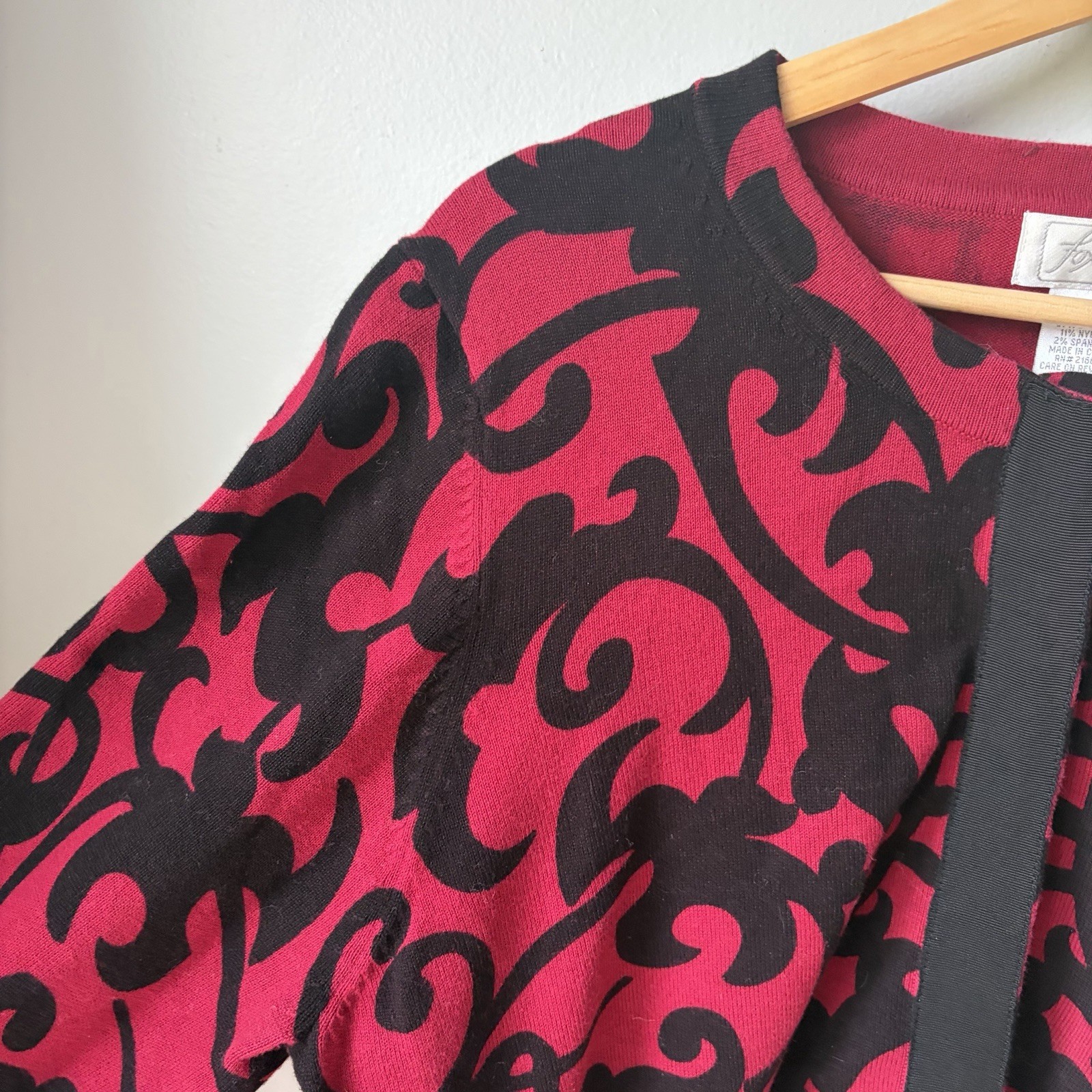 FOXCROFT Womens Cotton/Nylon/Spandex Red- Black Scroll Design Cardigan Sweater L