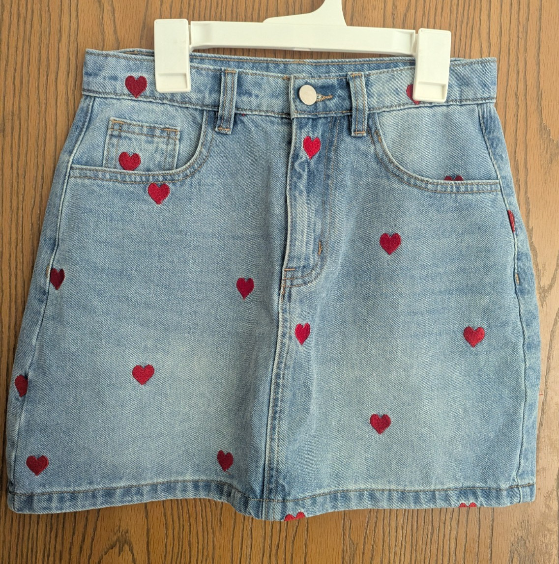Cider Denim Embroidered Heart Jean Skirt Red/Blue Flirty Fun Casual-M