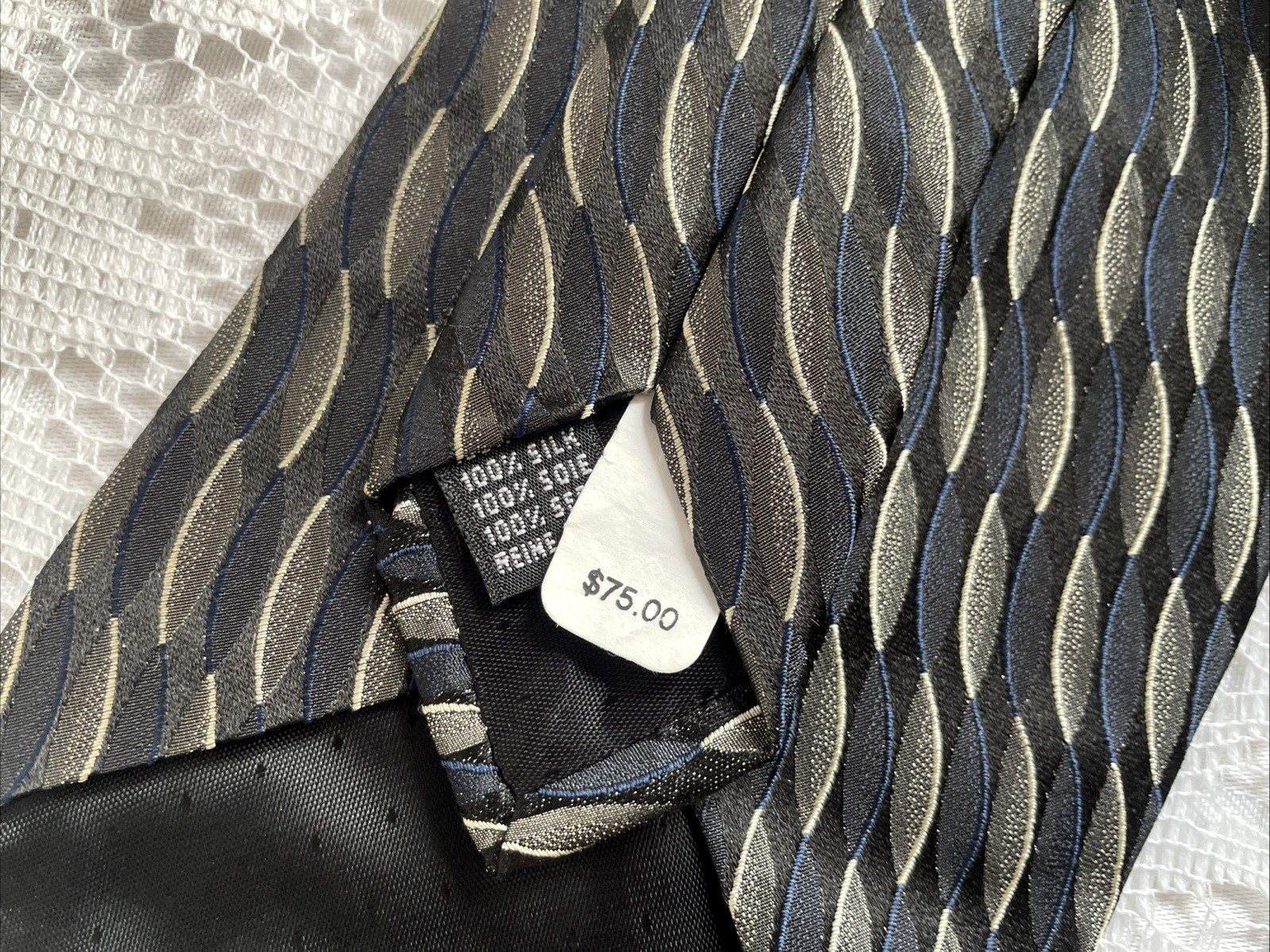 MEN’S VINTAGE CLASSIC 100% SILK HANDMADE ITALY GEOMETRIC BLACK/GRAY PRICETAG$75