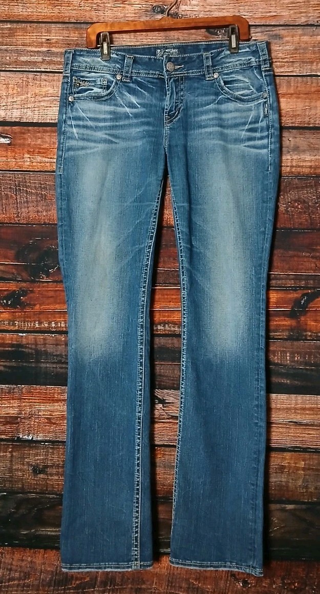 Silver Jeans 32 14 Long Suki Mid Straight Dark Wash Distressed Denim Stretch