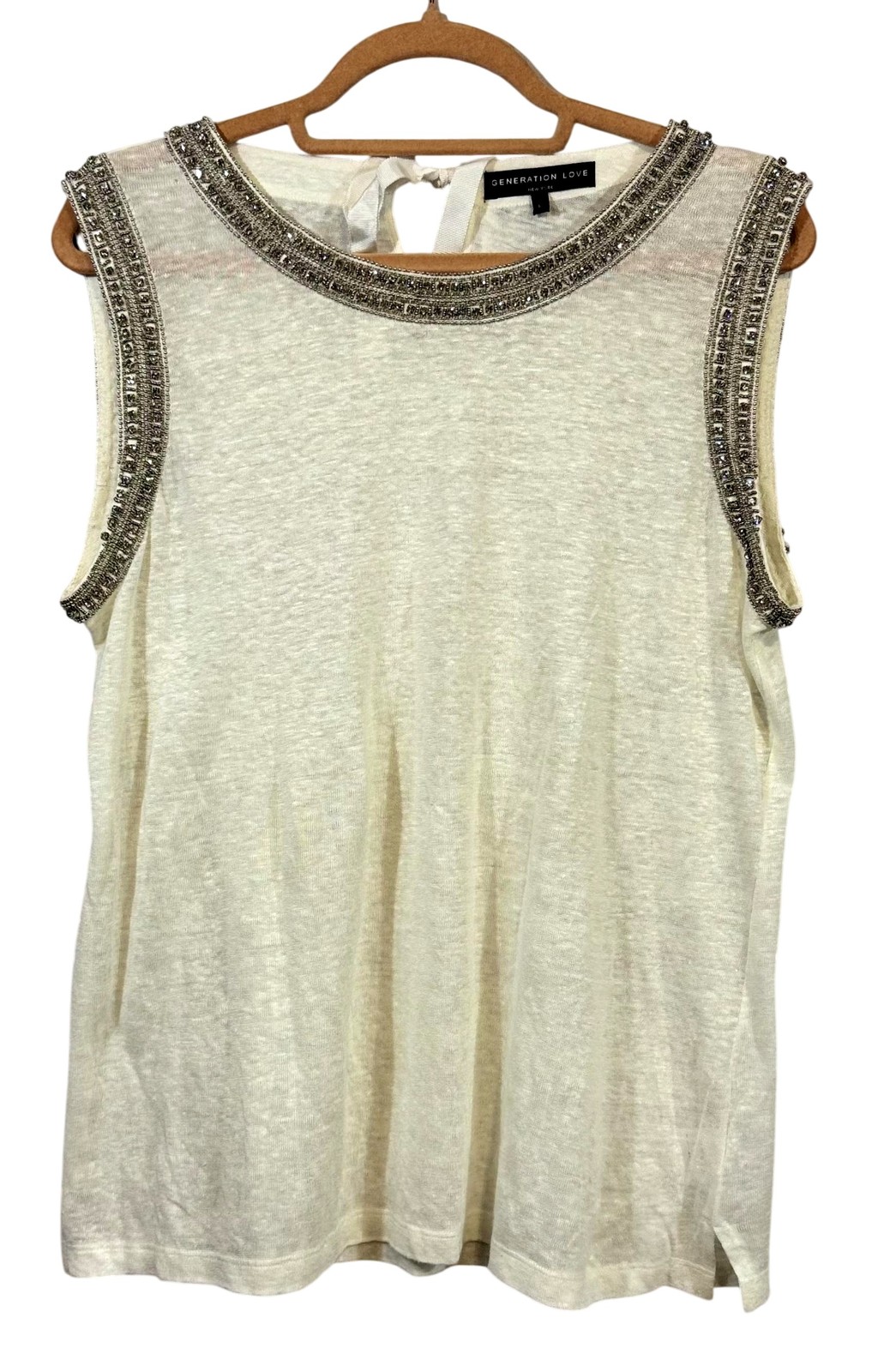 Generation Love Shirt Womens Large White Sleeveless Embellished Beaded Top Chic