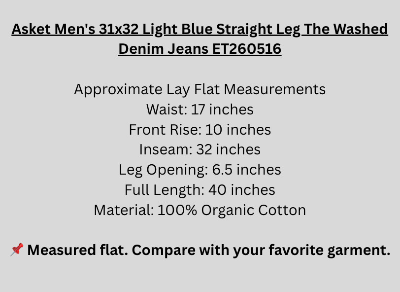 Asket Men’s 31×32 (Fits like 34) Light Blue Straight Leg The Washed Denim Jeans