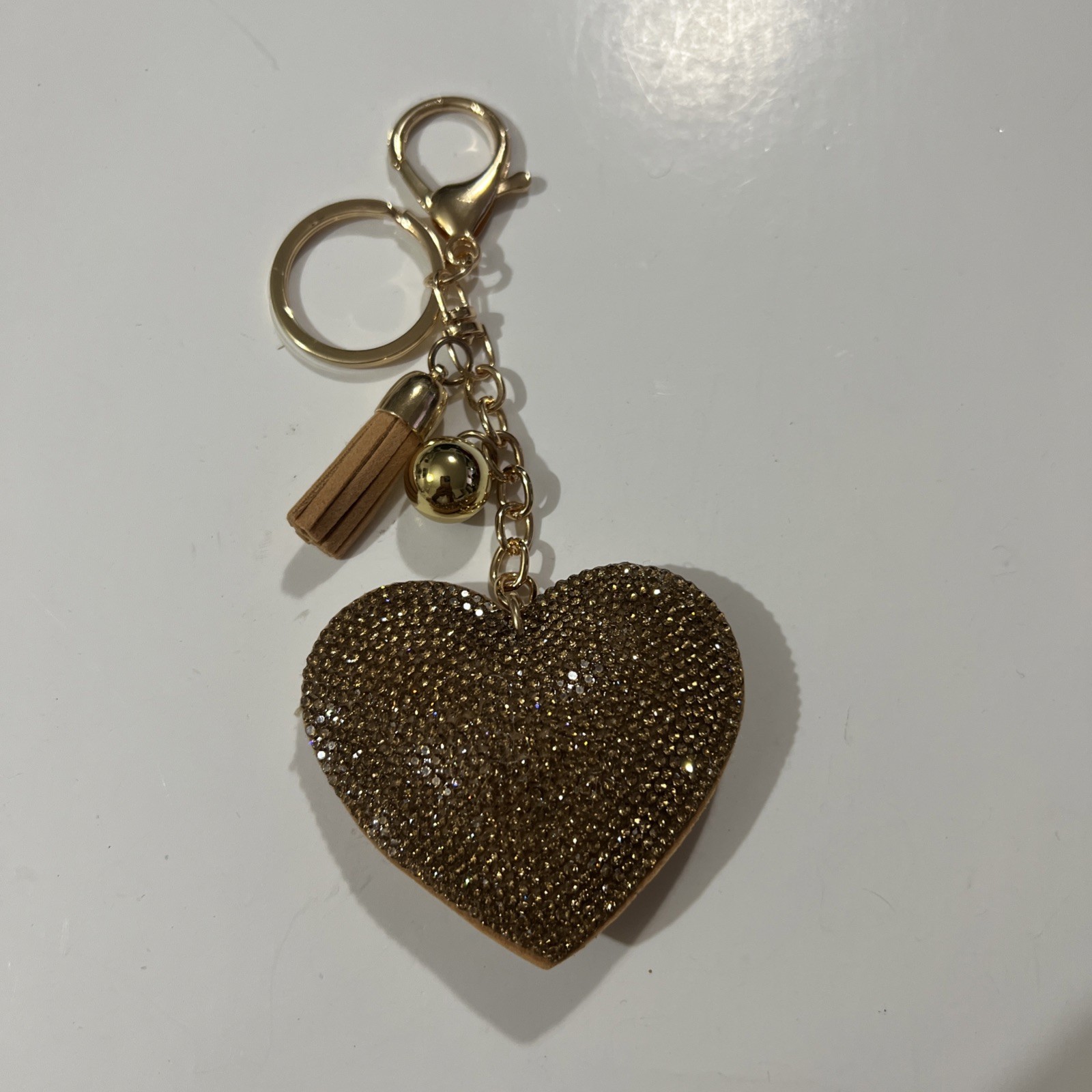 Rhinestones Heart Keychain Tassel Gold Tone