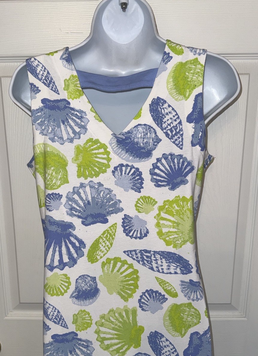 Ana Clare Sz Small Emilee Seashell Print Sleeveless Cotton Maxi Shift Dress EUC